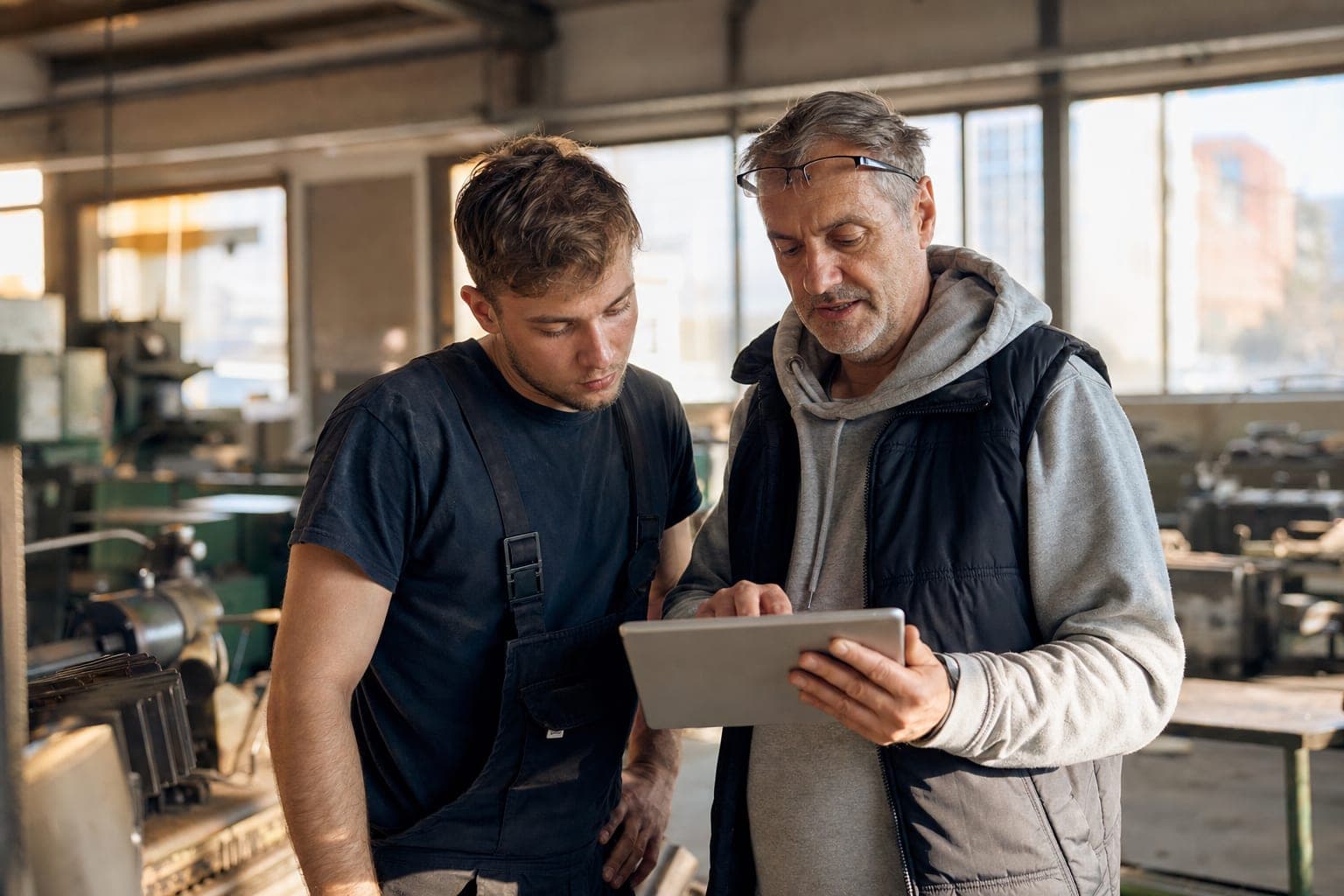 Betriebsinhaber und neue Fachkraft am Tablet in der Werkstatt